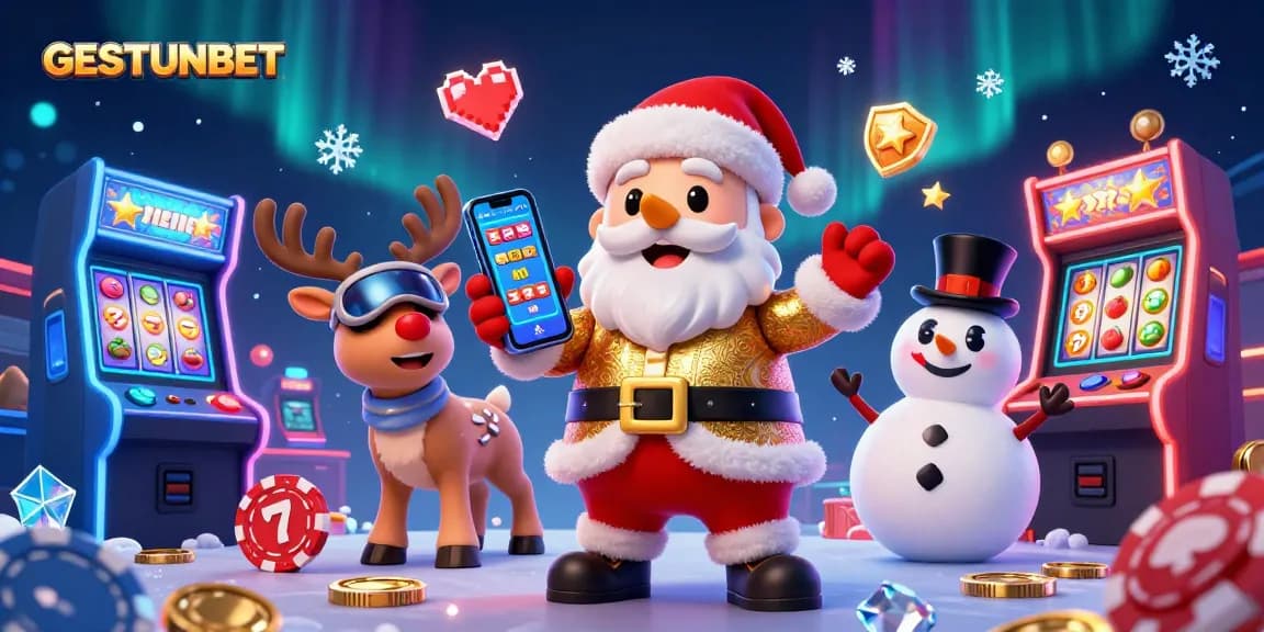 Play slots and win jackpots at GESTUNBET with fun characters in a vibrant casino scene.