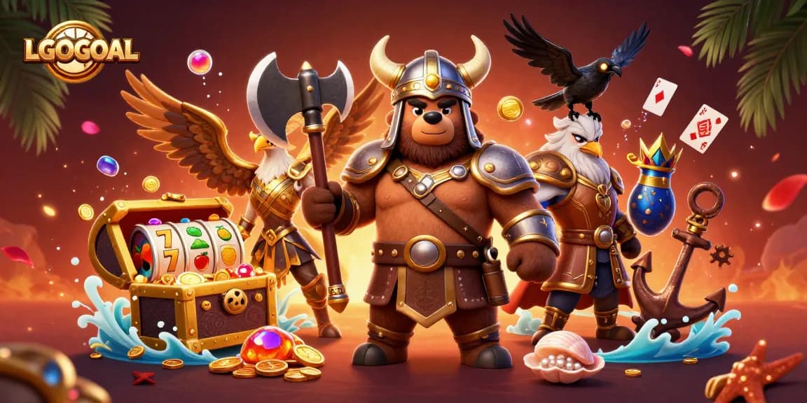 Experience giant wins with LGOGOAL in this vibrant 3D casino scene featuring mythical characters.