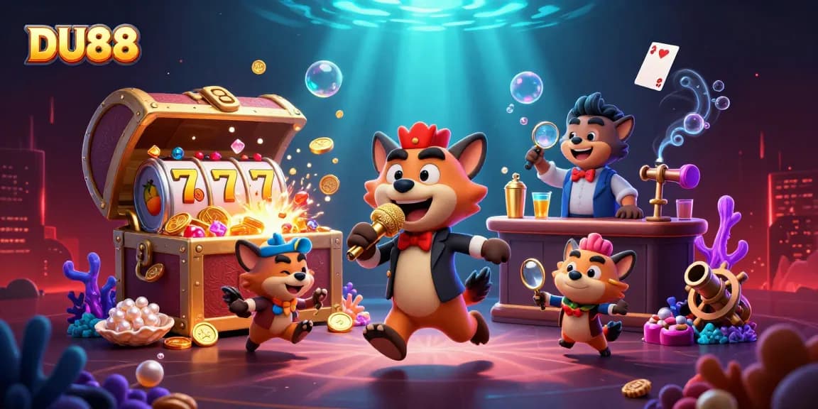 Engage with DU88's vibrant comedy casino scene featuring animated hyenas at a lively event.