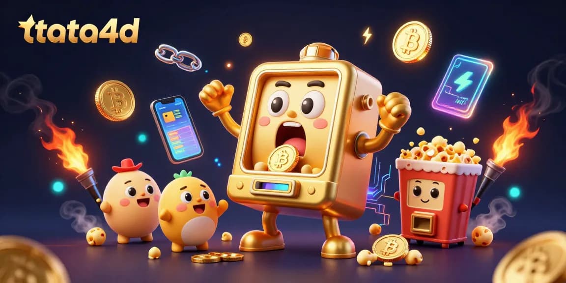 Tata4d slot machine hitting a jackpot, surrounded by crypto elements and vibrant confetti