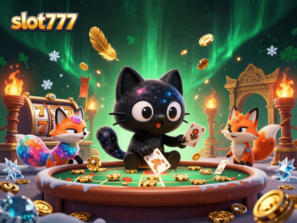 Catch exciting wins at slot777 with a cosmic black hole cat at a vibrant casino table.