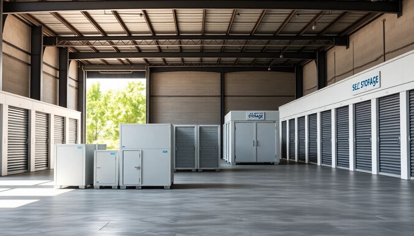 View of various self storage units arranged neatly in an urban warehouse setting.