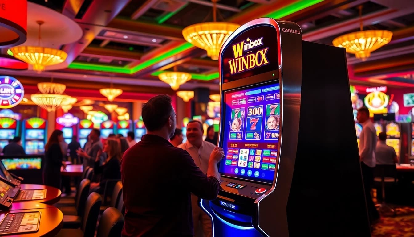 Excited players engaging with a Winbox slot machine in a vibrant casino environment.