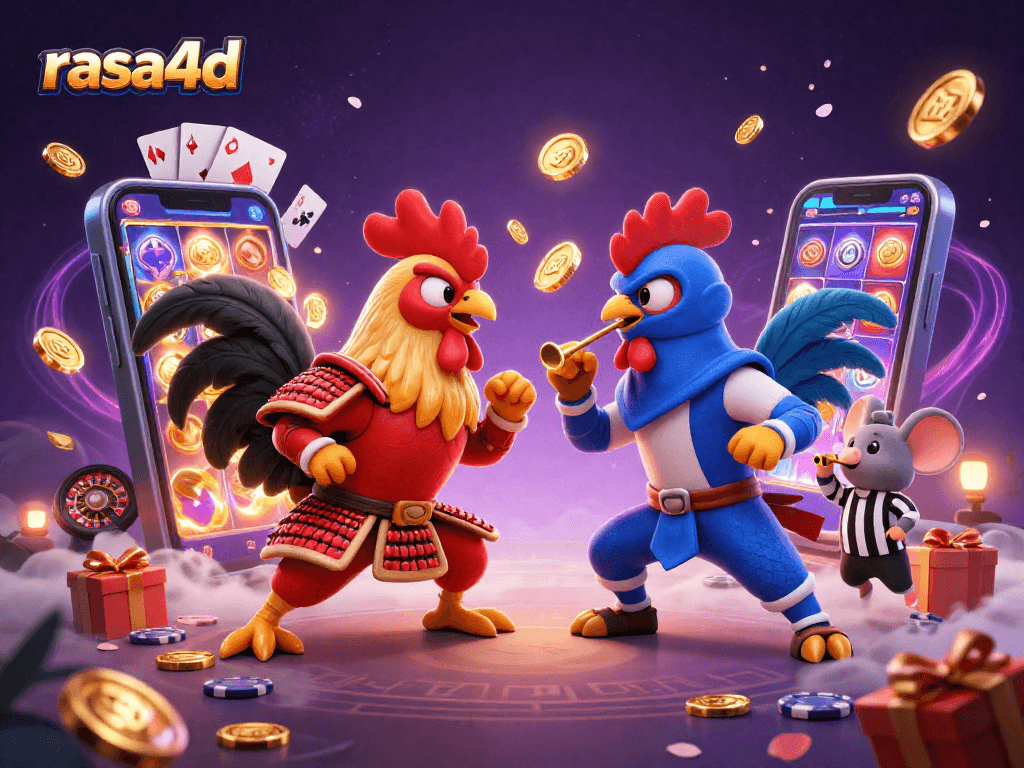Genggam peluang menang besar dalam permainan slot di rasa4d dengan ilustrasi ayam bertarung yang penuh warna.