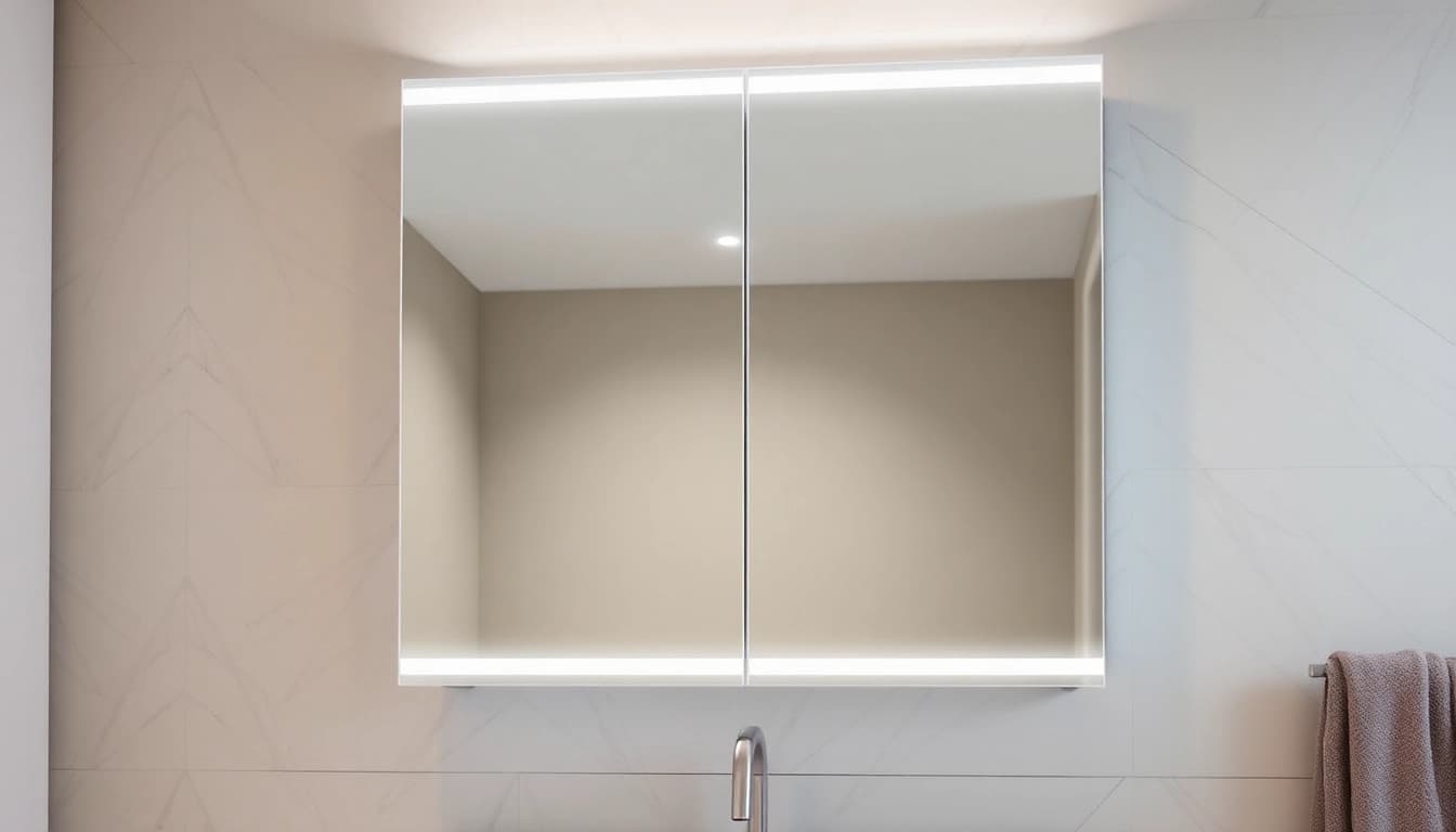 Spiegelschrank mit Beleuchtung Bad, moderner Designspiegelschrank mit integrierter LED-Beleuchtung für stilvolle Badezimmer.