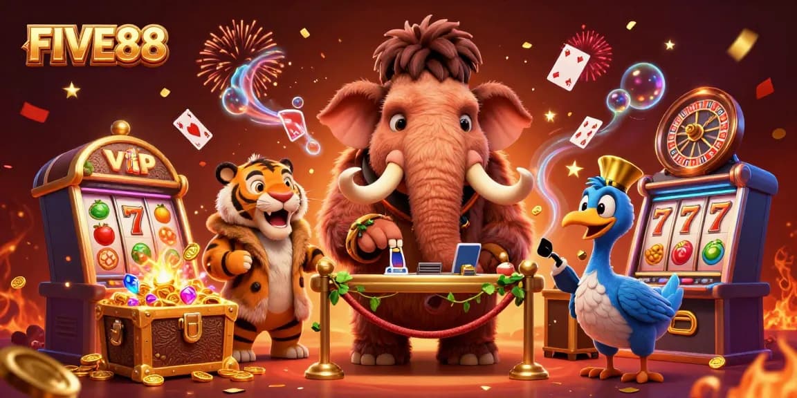 Engage in thrilling games at FIVE88 with a woolly mammoth bouncer, excited VIPs, and vibrant casino elements.