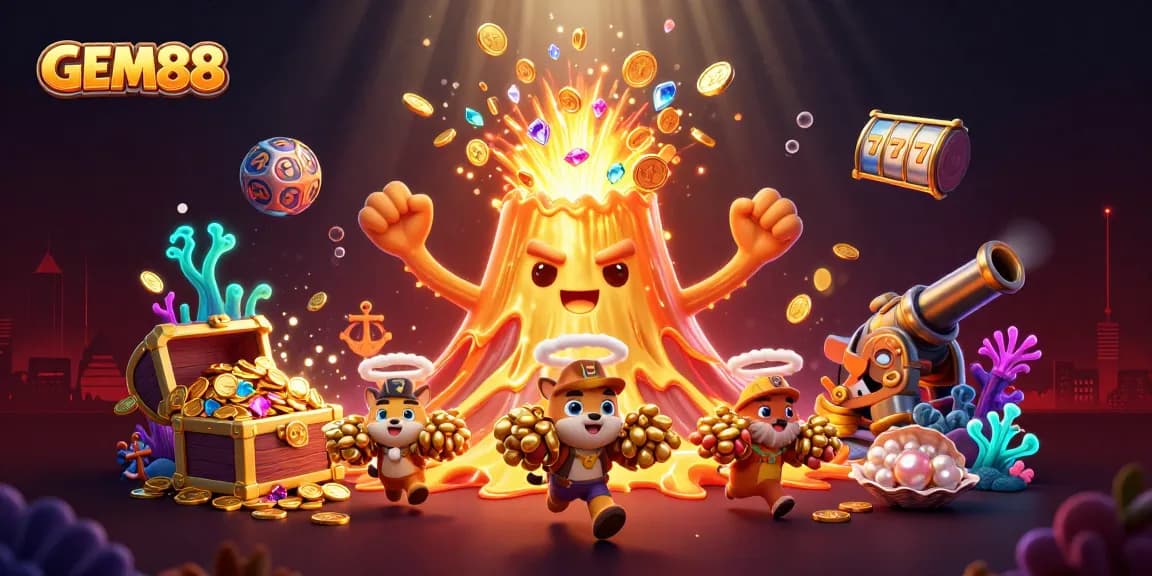 Engage with GEM88's thrilling slot experience featuring a dynamic eruption of gold and gems.