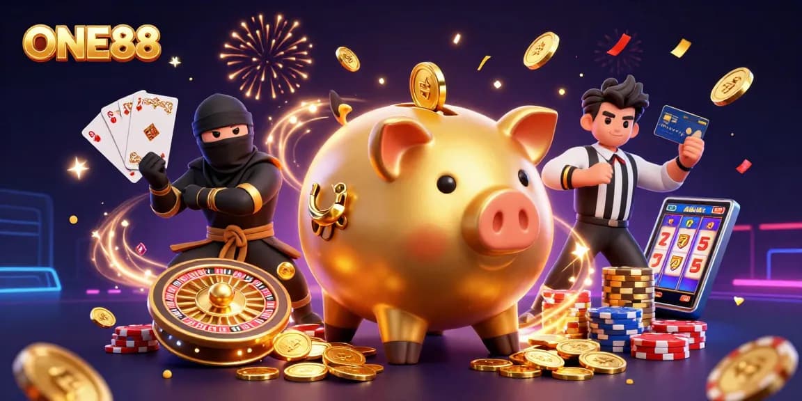 ONE88's exciting gaming environment comes alive with golden treasures and vibrant characters.
