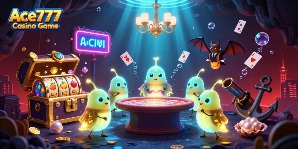 Ace777 Casino Game features a vibrant scene of glowworms illuminating a lively cave casino with slot games and treasure.
