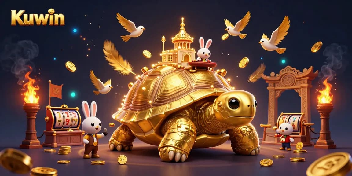 Kuwin casino features a golden tortoise carrying a casino palace and a rabbit dealer amidst flying coins.