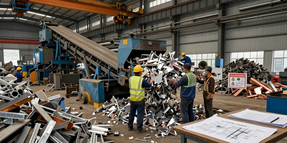 Fasilitas scrap metal NAGA2000, pekerja sedang memilah logam bekas berkualitas di https://www.scrapsolutionplace.com/ dengan peralatan keselamatan.