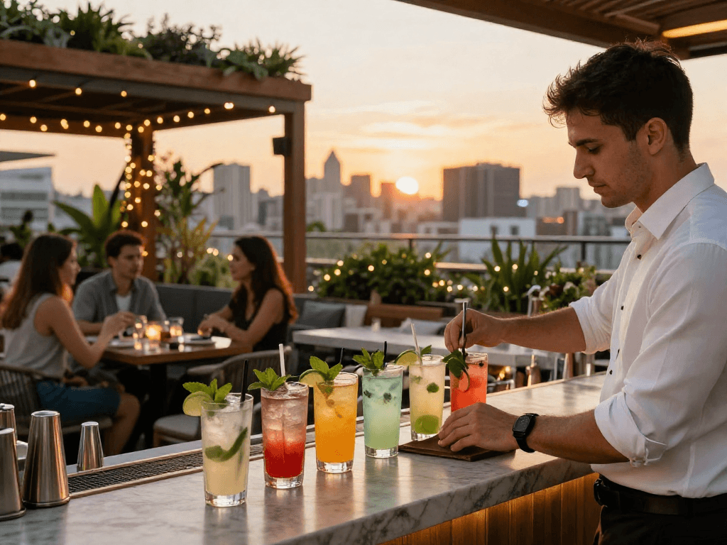 Enjoying the best chuflay cocktail near me at a trendy rooftop bar with scenic views.