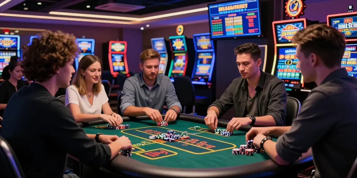 Join the excitement at https://www.modernrussia.com/mpocash/ with diverse players enjoying thrilling gambling action at a modern gaming table.