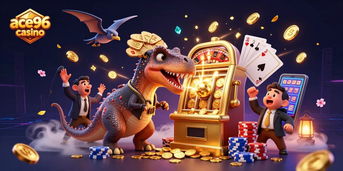 Experience excitement at ace96 casino with a pachycephalosaurus and a slot machine jackpot scene.