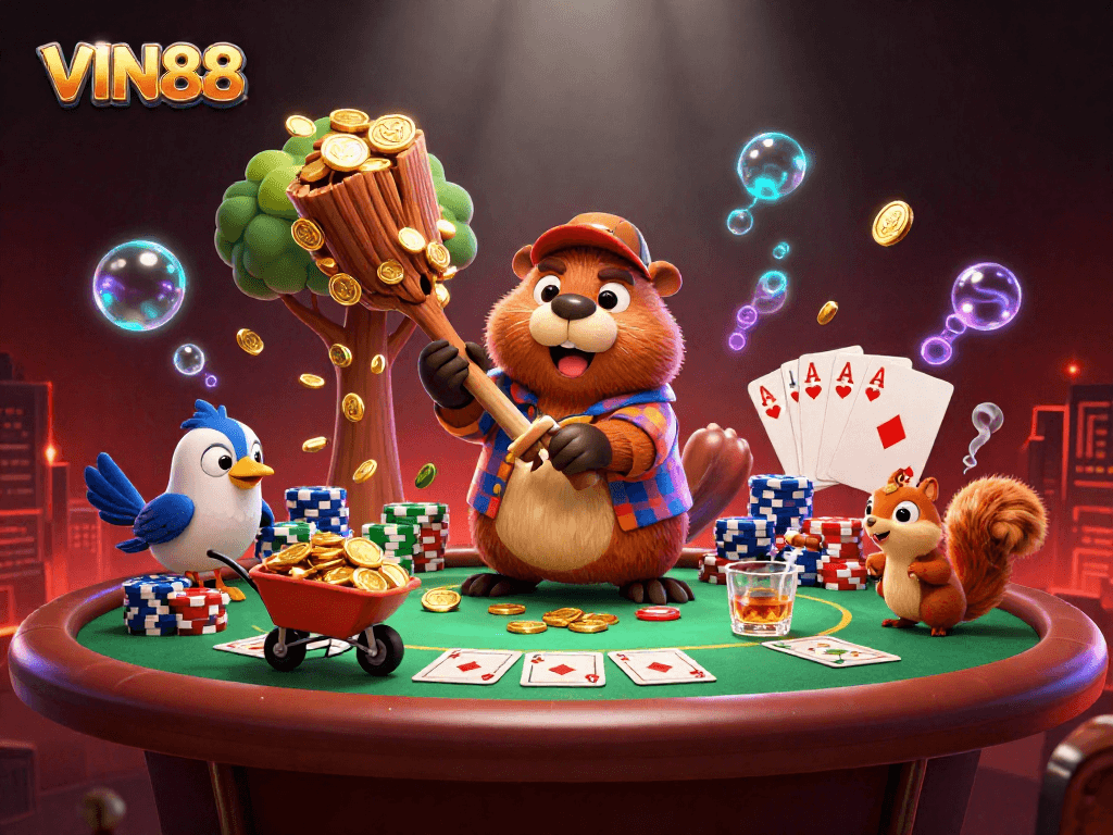 VIN88 showcases a vibrant 3D scene of a lumberjack beaver and friends engaging in exciting casino action.
