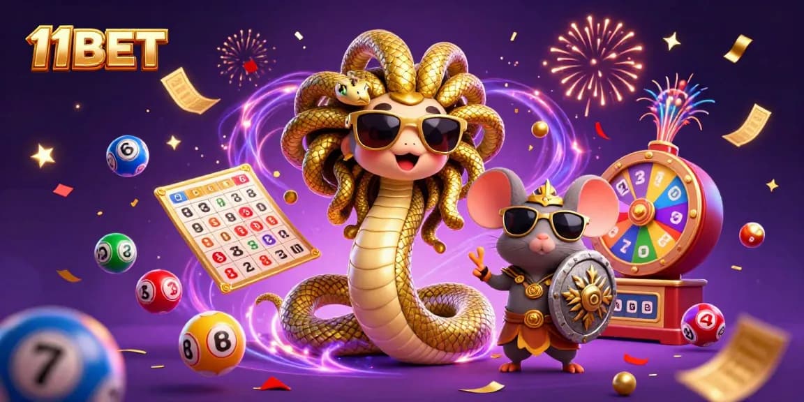Engage in thrilling lottery games with 11BET’s festive scene featuring Medusa and fun elements.