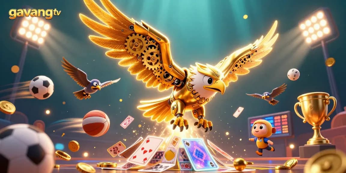 Experience the thrill of betting with gavangtv's captivating 3D illustration of a golden eagle and sports elements.