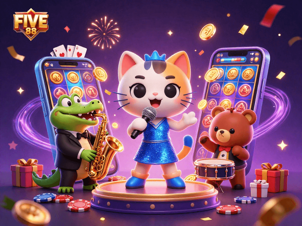 Celebrate at FIVE88 with vibrant characters singing, playing, and gaming in an enchanting casino setting.
