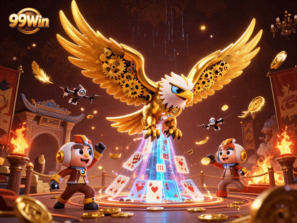 Experience thrilling online gaming with 99Win, featuring a cybernetic eagle amidst digital casino elements.
