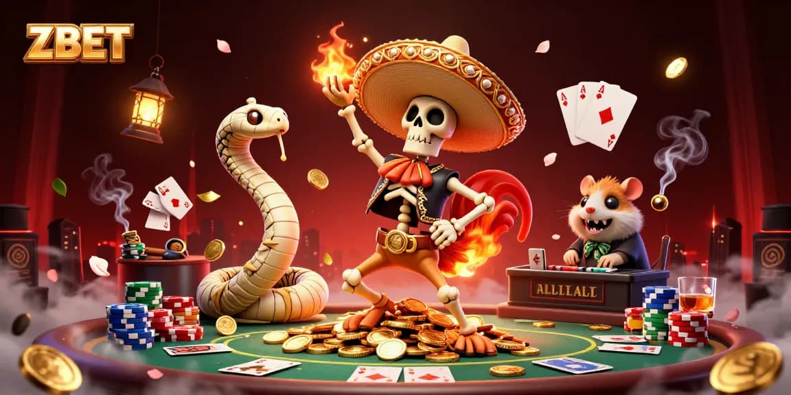ZBET offers dynamic gaming experiences with a 3D illustration featuring vibrant characters and casino elements.