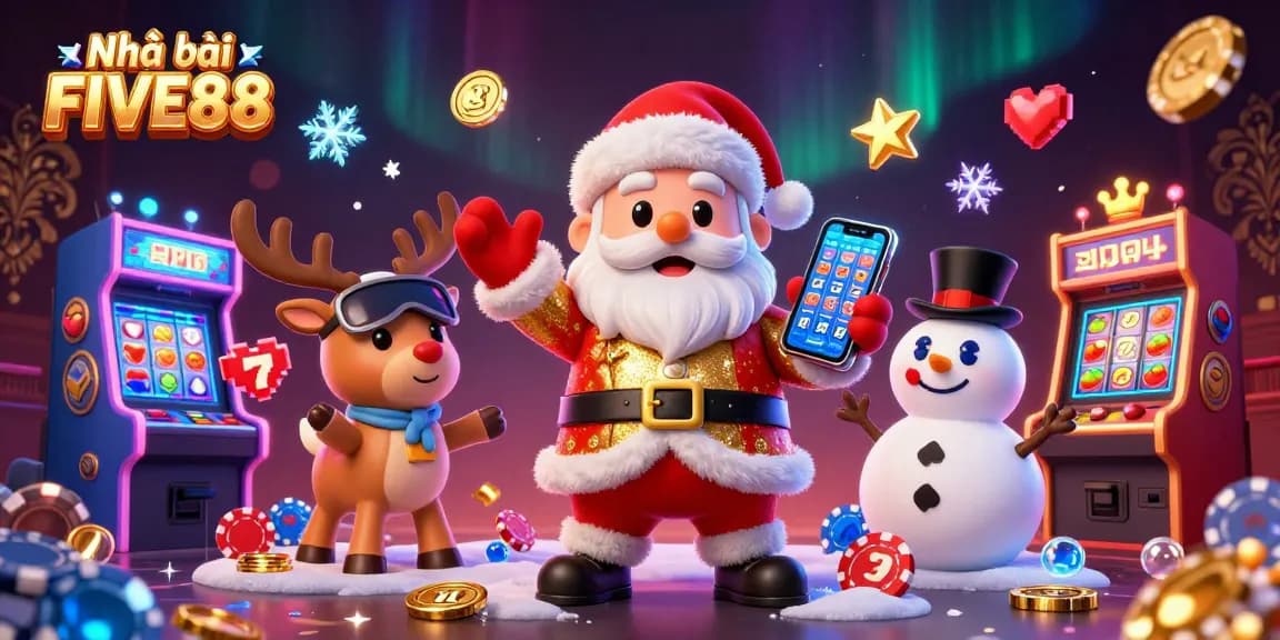 Play jackpot slots at Nhà cái FIVE88 with a festive Santa, reindeer dealer, and a poker chip snowman.