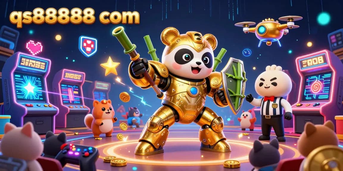 Exciting 3D illustration of gaming scene at qs888888 com with a golden panda and robot, showcasing interactive gaming elements.