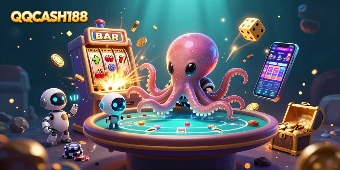 Engage with QQCASH188 through vibrant 3D alien casino representation featuring poker and slot excitement.