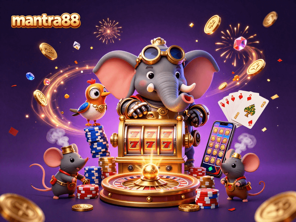 Spin and win with mantra88 as a steampunk elephant operates a golden slot machine amidst rich casino elements.