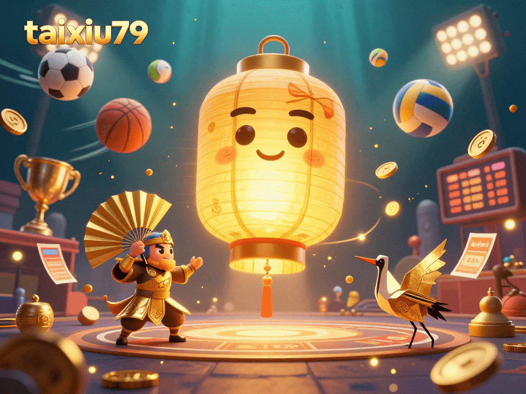 Experience excitement with taixiu79 as it showcases a glowing golden lantern spirit above a vibrant night market casino.