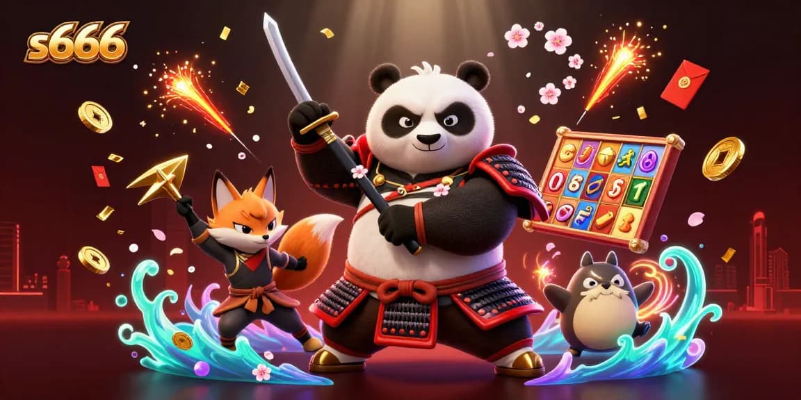 S666 casino illustration with a samurai panda and ninja fox among vibrant game elements like slot reels and coins.