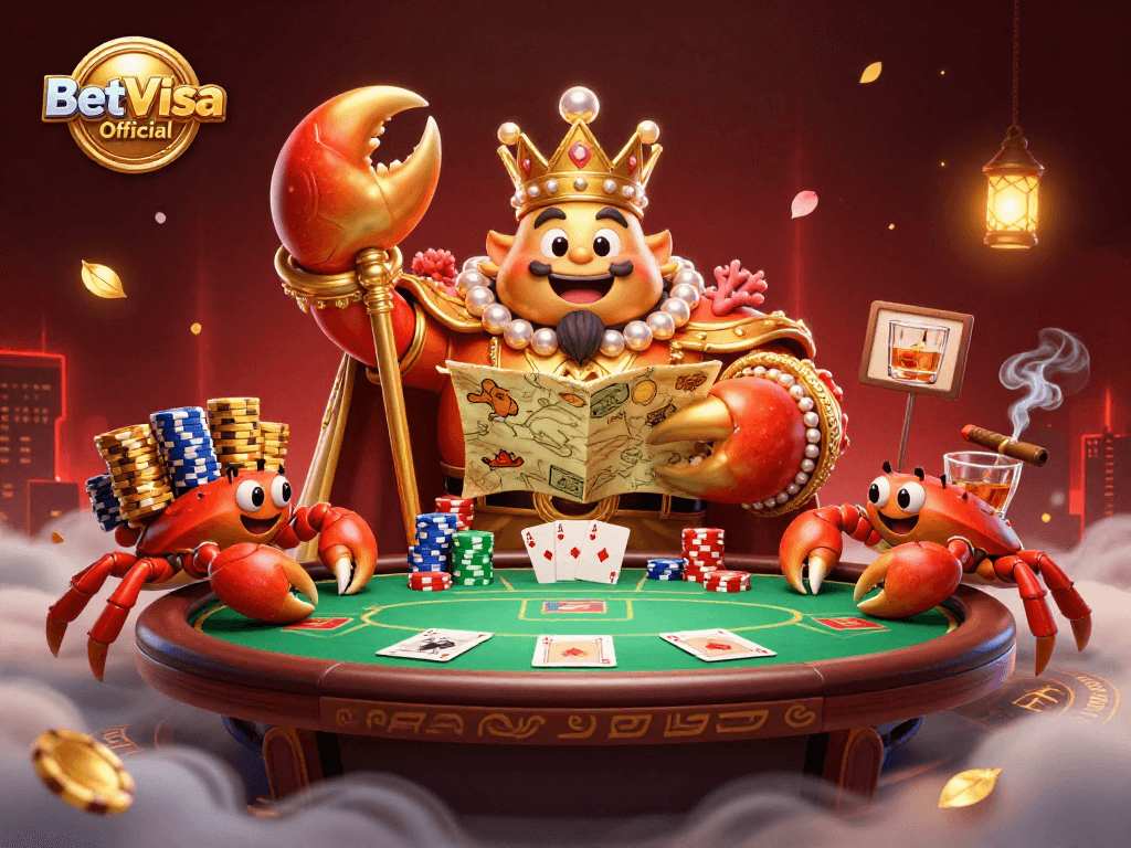 Engage in thrilling gameplay with BetVisa Official featuring a lavish crab emperor surrounded by poker elements!