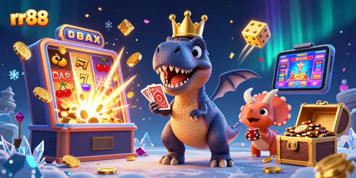 Win big at rr88 with a playful T-Rex shuffling cards and a triceratops stacking chips in a vibrant casino scene.
