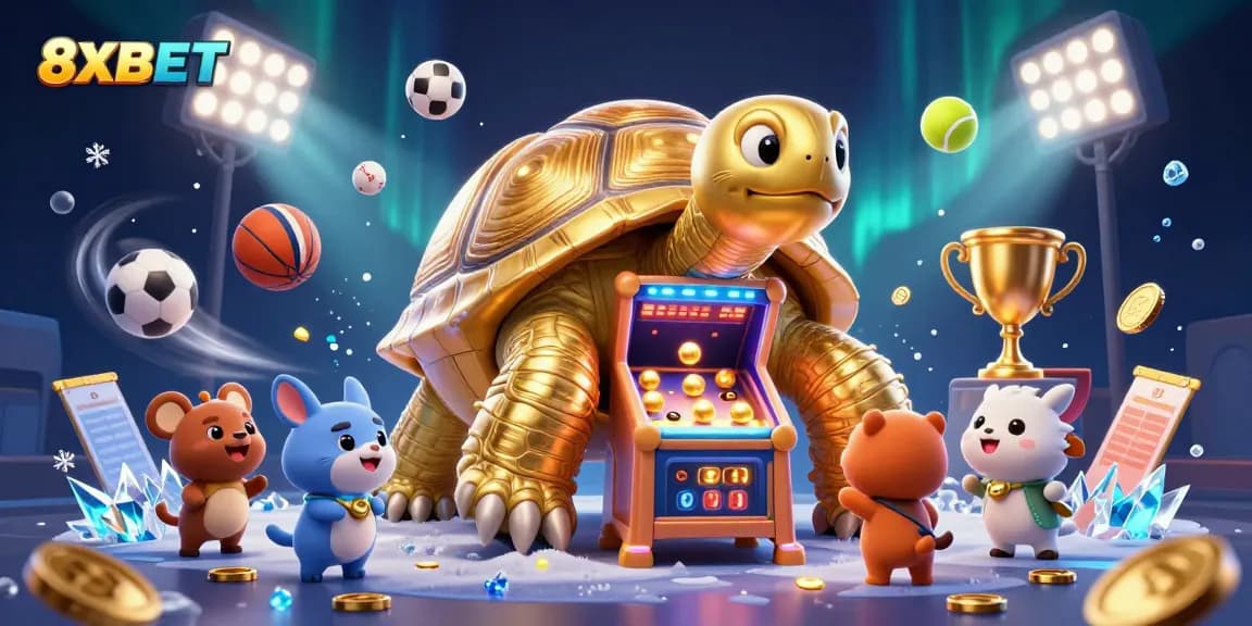 Experience the excitement of 8XBET with a dynamic, colorful illustration of animated tortoises and sports elements.