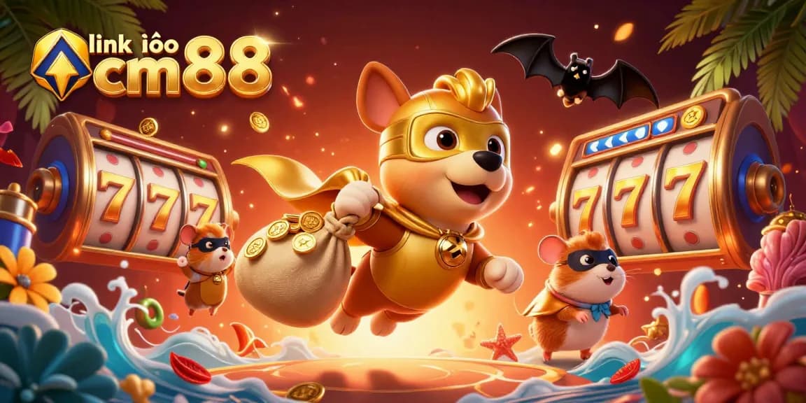 Join the action at link vào cm88 with a lively 3D casino scene featuring vibrant characters and engaging slot elements.