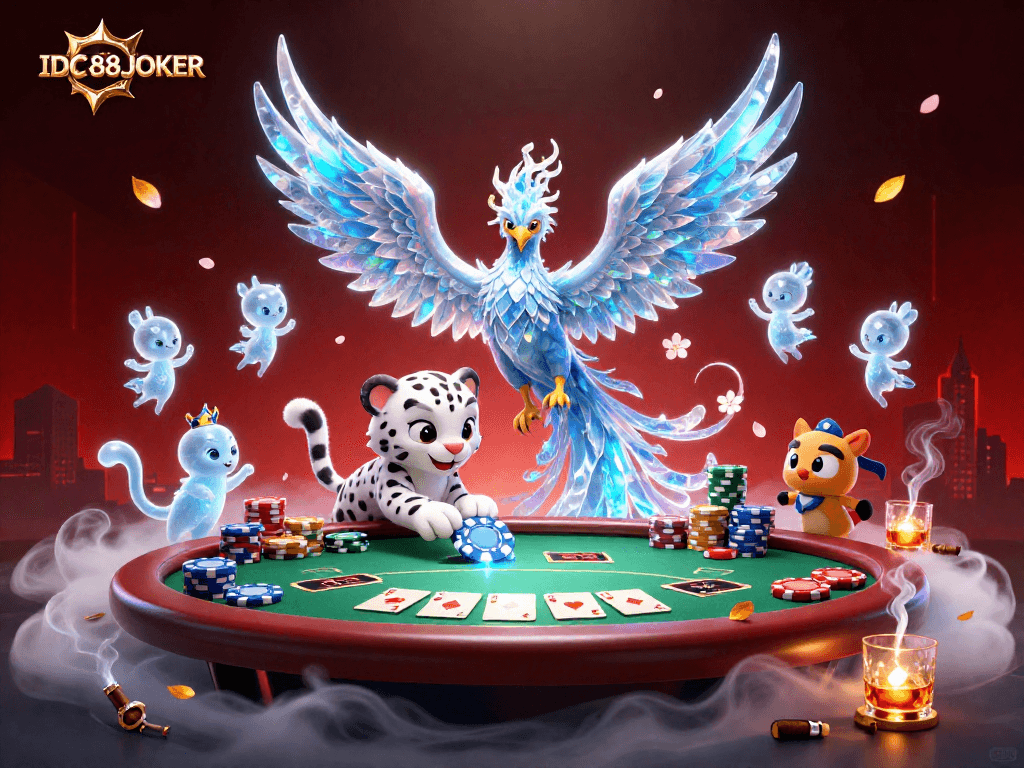 Engage with IDC88JOKER's vibrant casino scene featuring a glowing ice phoenix, snow leopard cub, and poker action.