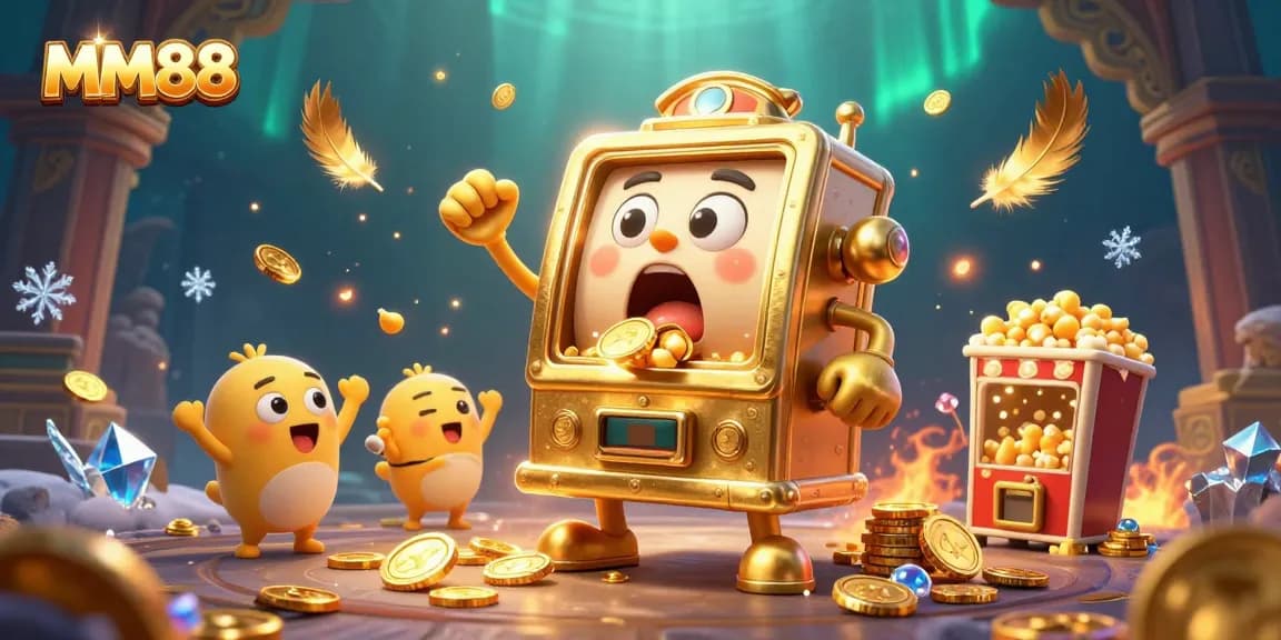 MM88 jackpot celebration featuring a golden slot machine accompanied by cheering baby machines.