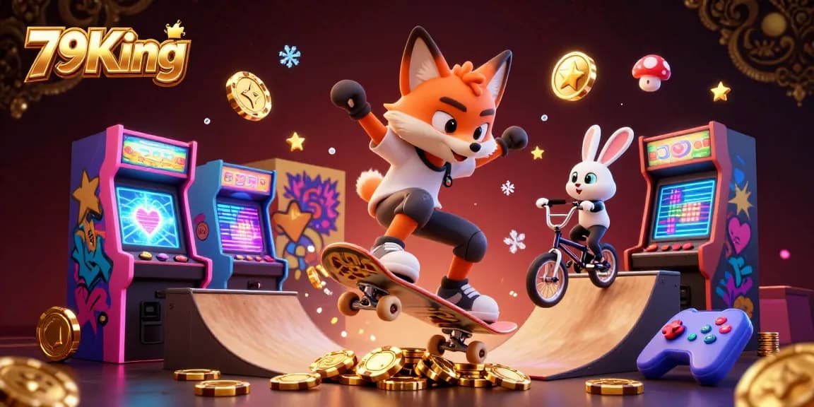79King gamblers enjoying vibrant arcade gaming with 3D characters in a rich casino ambiance.
