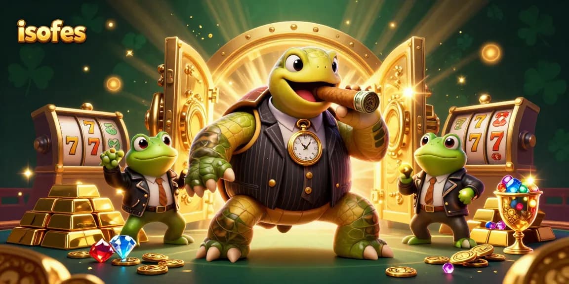 Spin the slots at isofes with a mobster turtle and frog enforcers in an extravagant casino scene.