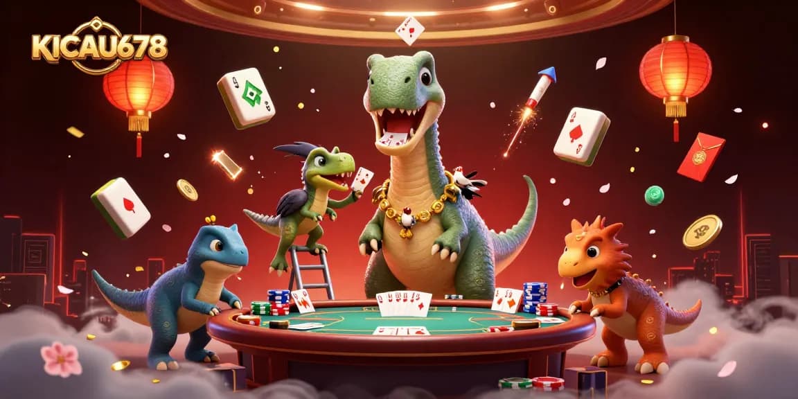 KICAU678 showcases a vibrant gaming scene with a cheerful 3D brontosaurus overlooking a poker game.