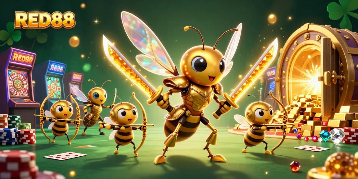 Experience the excitement of RED88 with a vibrant casino scene featuring a golden hornet and more!