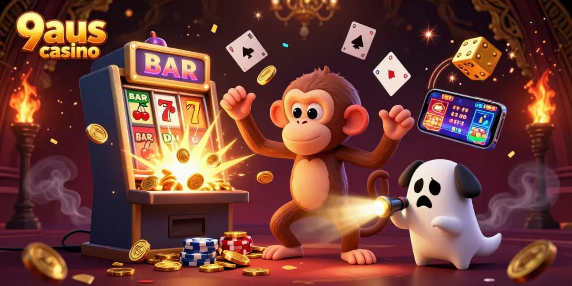 Experience thrilling gameplay at 9aus casino with a captivating scene of a monkey juggling golden coins and a ghost-hunter puppy tracking it.