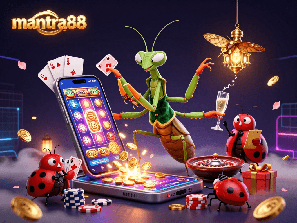Engage with mantra88's thrilling online games as vibrant characters create a lively casino atmosphere.