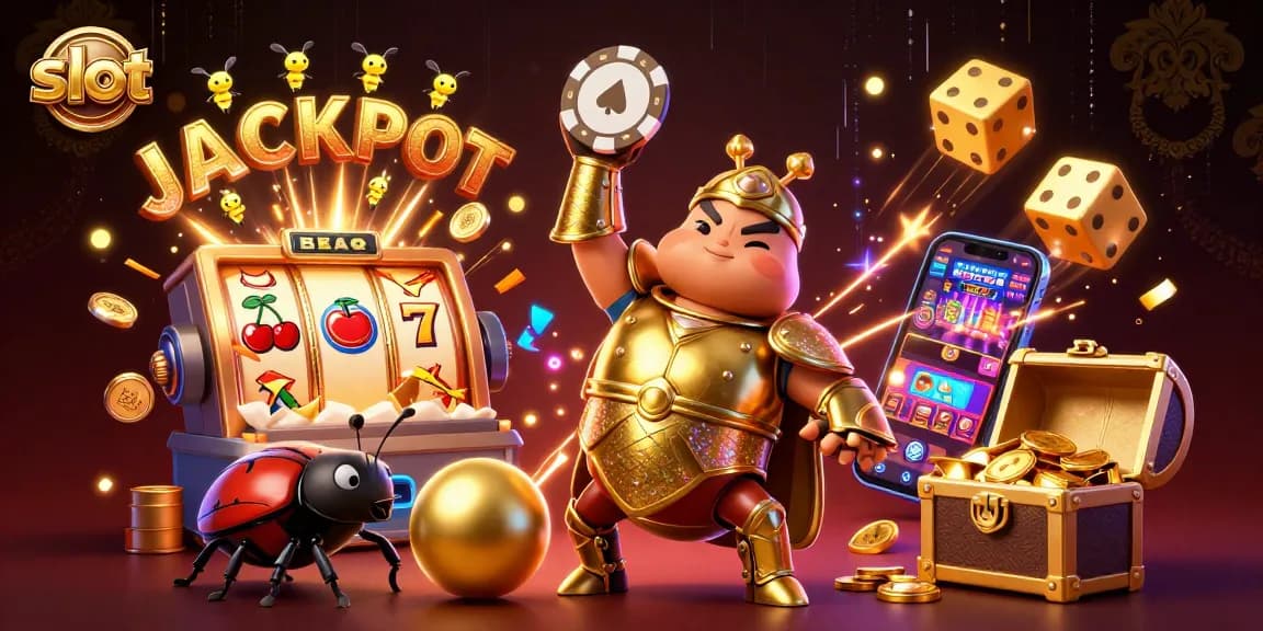 Engage in slots excitement with a dynamic illustration of a hercules beetle lifting a poker chip amidst vivid casino elements.