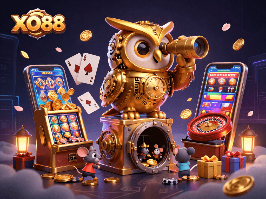 Engage with the exciting world of XO88 where a golden owl oversees animated slot machines and festive casino elements.