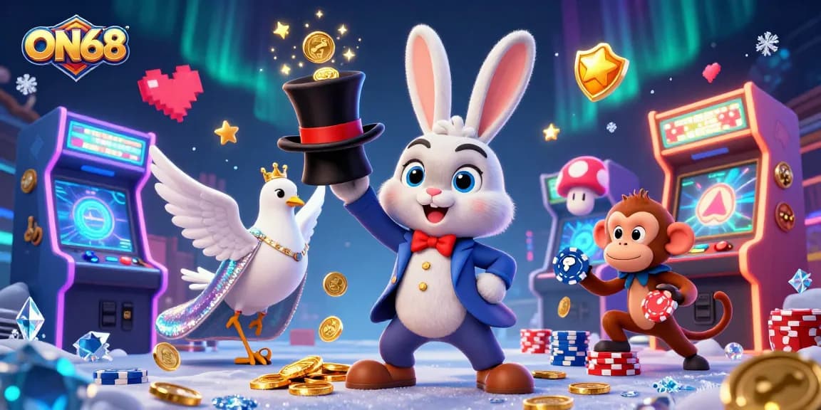 Experience ON68's magical casino atmosphere with a charming rabbit and dazzling dove!