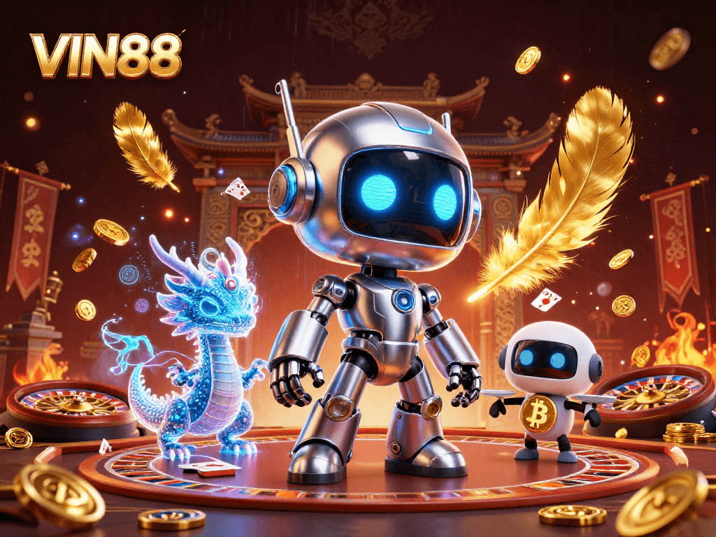 Engage with the exciting gameplay at VIN88 featuring a vibrant scene of a cyberpunk robot and holographic dragon in a lively casino.