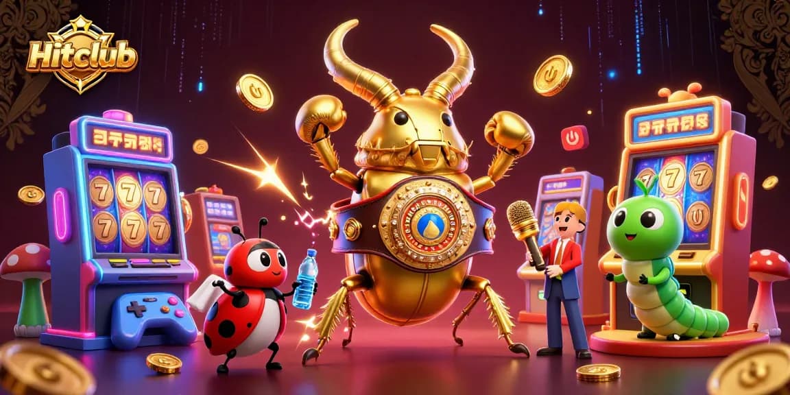 Hitclub showcases an exhilarating match featuring a boxing beetle and animated gambling icons.