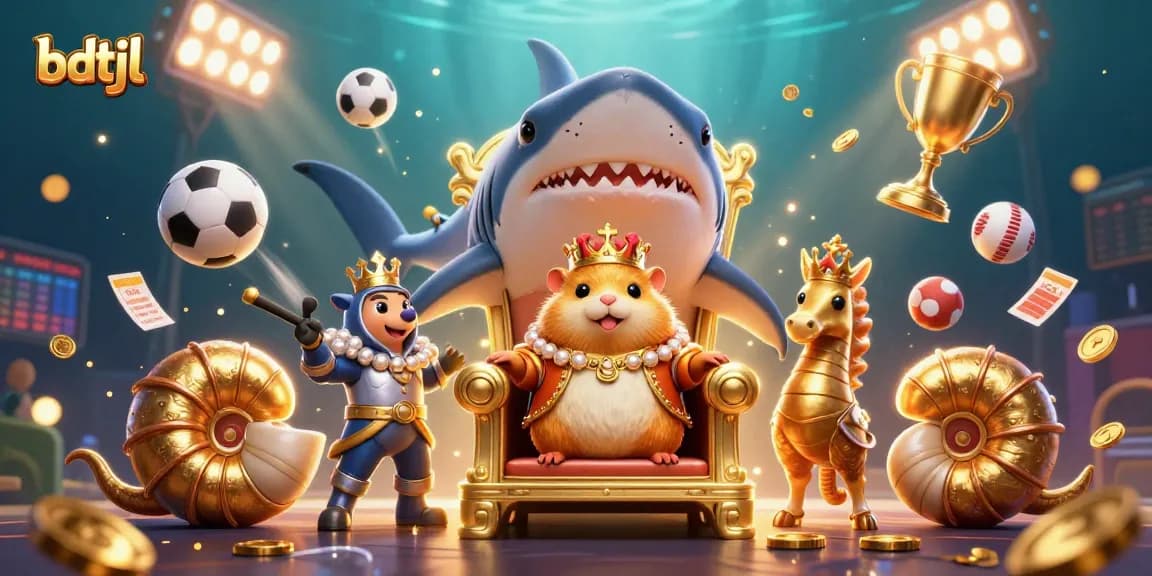 Bet on big wins with bdtjl elements, featuring a golden hamster king in a vibrant sports scene.