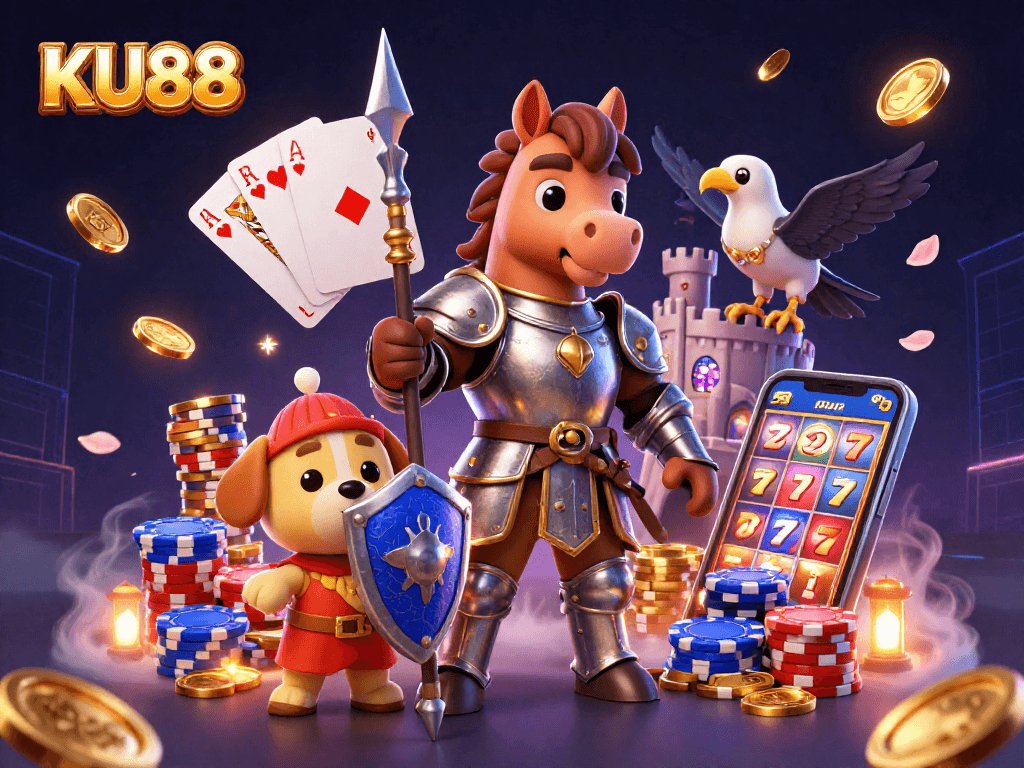 KU88 offers an exciting casino experience featuring vibrant gaming elements and a rich medieval scene.
