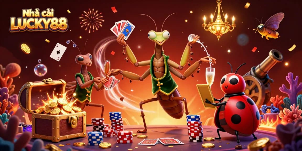 Experience the thrill of Nhà cái LUCKY88 with a lively casino scene featuring animated characters and vibrant gaming elements.